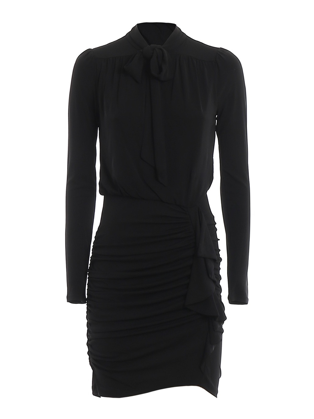 Michael Kors Black Long-Sleeve Tie-Neck Ruched Dress